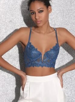 Fleur Du Mal Denim Lily Embroidery Longline Demi Bra