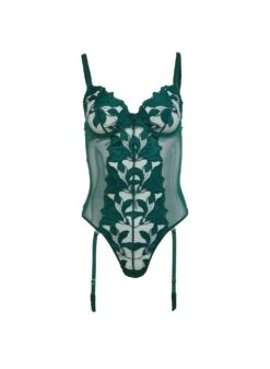 Fleur Du Mal Lily Embroidery Cupped Bodysuit -Sexy Wear Hub lilybodysuitevergreenflat1