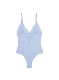 Fleur Du Mal Lily Embroidery V-Neck Plunge Bodysuit -Sexy Wear Hub pastelskylilybodyflat1
